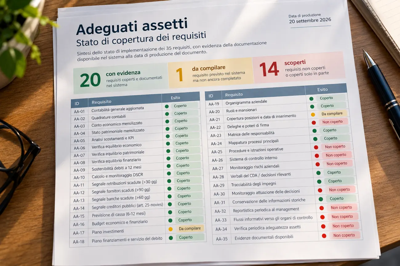 Il documento stampato «Adeguati assetti, stato di copertura dei requisiti» su una scrivania: in alto i tre numeri, venti con evidenza, uno da compilare e quattordici scoperti; sotto l'elenco dei requisiti da AA-01 ad AA-35 con l'esito colorato accanto a ognuno