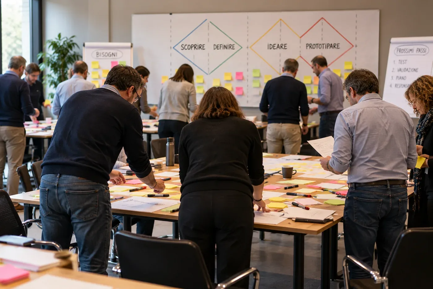 Un gruppo di persone in piedi attorno a due tavoli coperti di post-it, di spalle, davanti a un cartellone col doppio diamante e uno con i prossimi passi