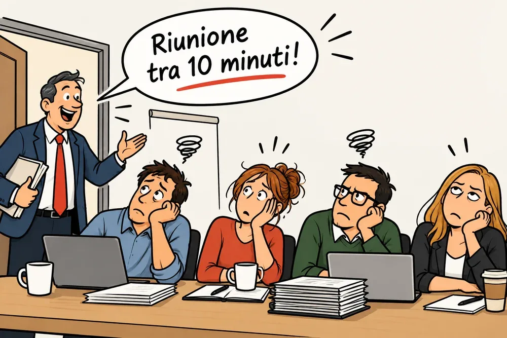 Vignetta: un capo affacciato alla porta annuncia «Riunione tra 10 minuti!» e quattro colleghi al tavolo lo guardano con la testa fra le mani