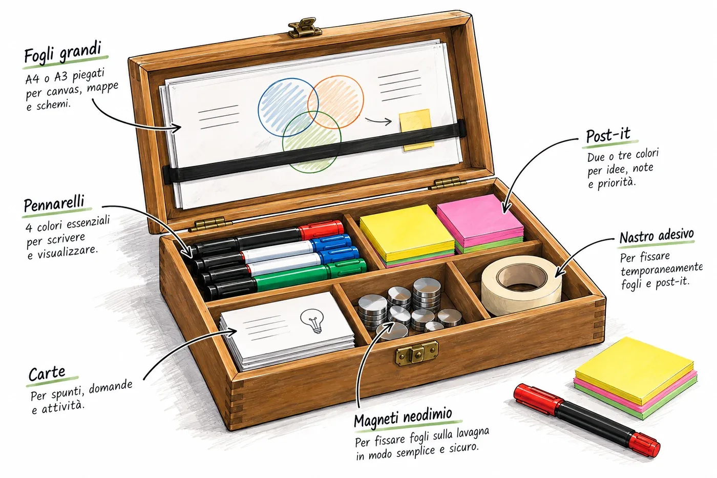 Una cassetta di legno aperta con dentro pennarelli di quattro colori, blocchetti di post-it, carte per gli spunti, magneti al neodimio, nastro adesivo e fogli grandi piegati nel coperchio