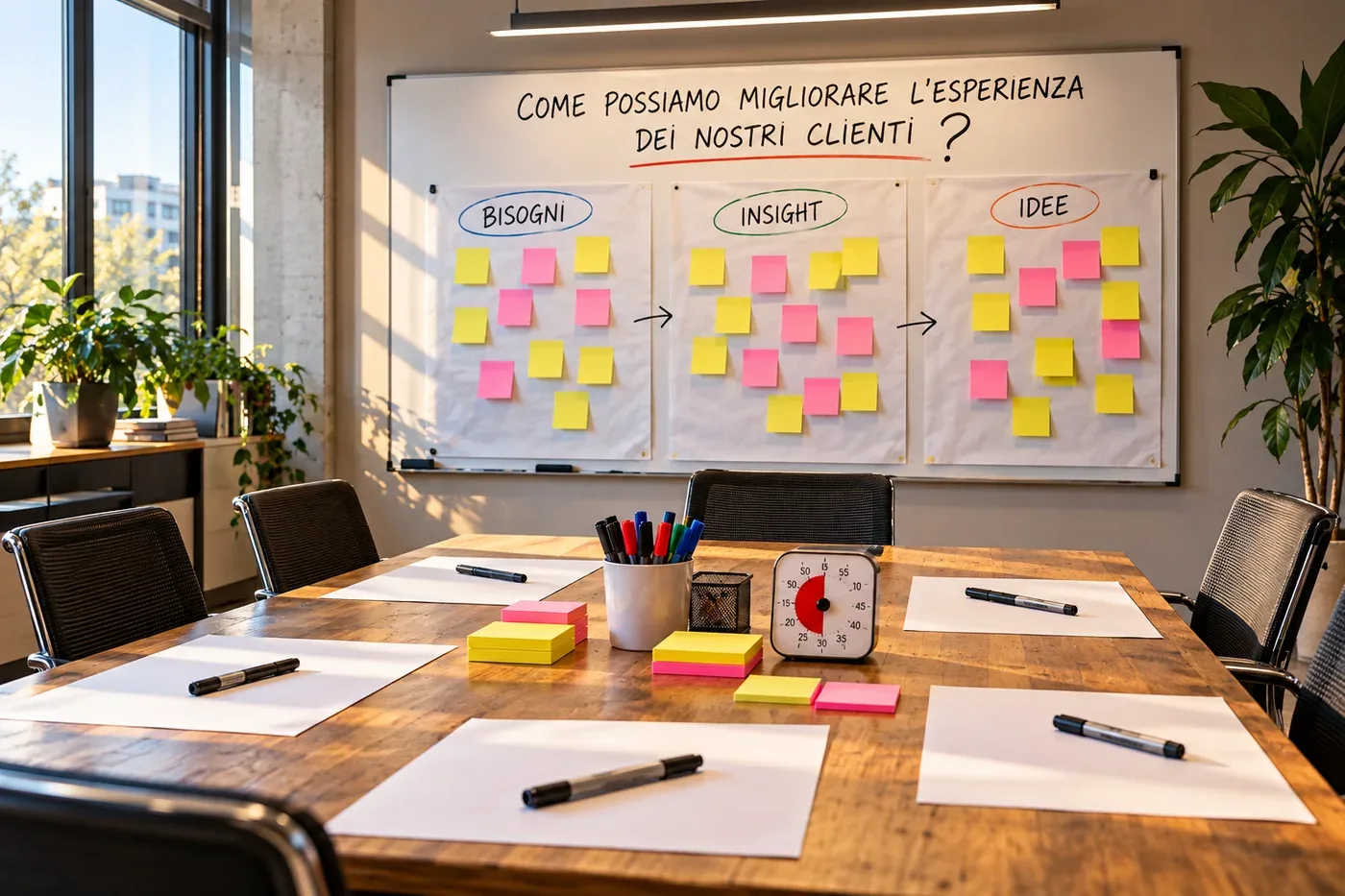 Una sala riunioni preparata: sei sedie, fogli bianchi e pennarelli sul tavolo, un timer, e alla parete tre fogli con la domanda della sessione scritta sopra