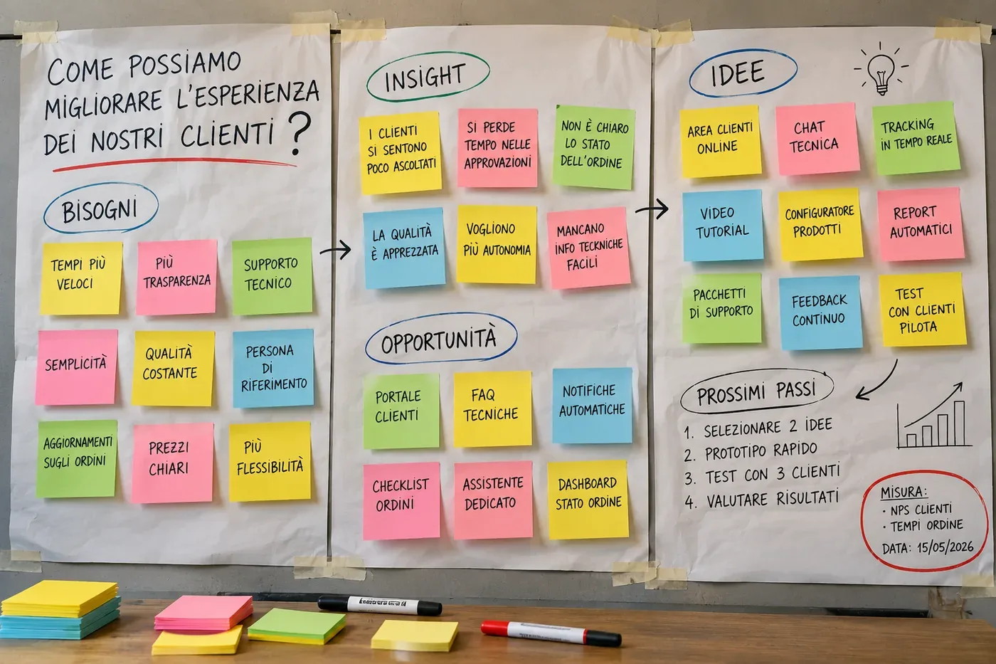 Un foglio grande appeso al muro con la domanda scritta in alto e i post-it raggruppati per bisogni, insight, opportunità, idee, prototipi e validazione, con la misura e la data cerchiate in rosso